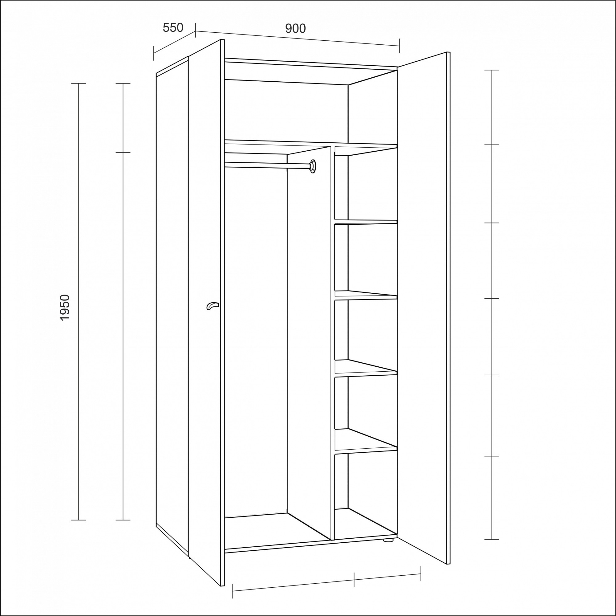 Шкаф двухстворчатый распашной с полками и штангой чертежи и размеры