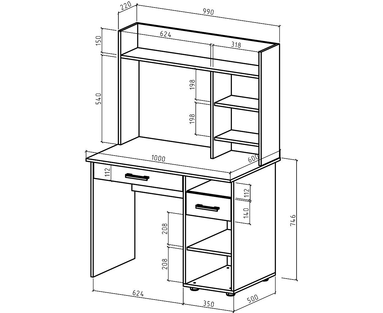 чертежи письменных столов с полками