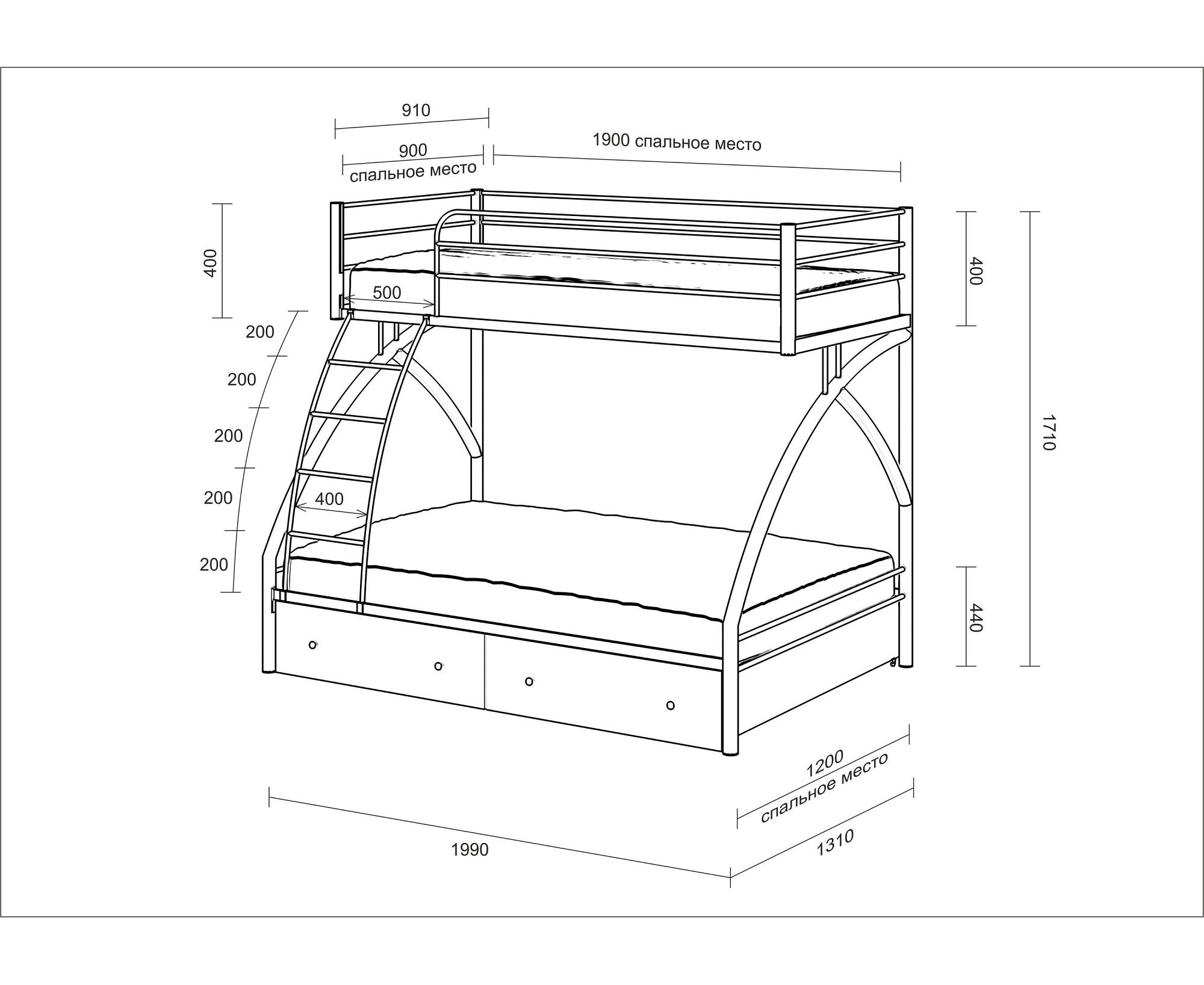 Чертеж двухъярусной кровати из металла